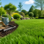 Pelouse parfaite outils de jardinage et herbe luxuriante